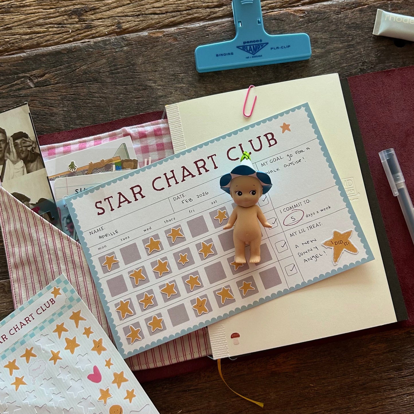 a completed star chart in top of a journal with the reward, a sonny angel, laid on top
